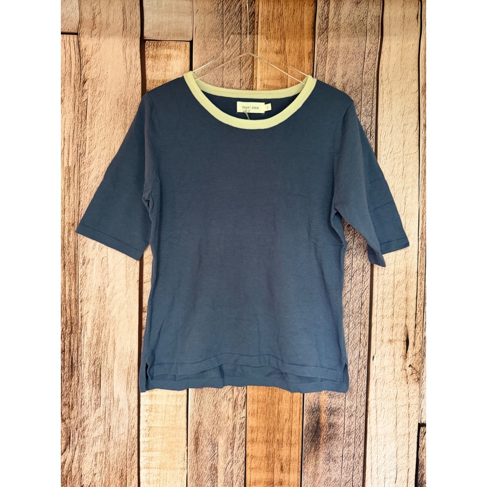 Mersea Anywear Sweater Blue Coastal Minimalist Knit Top Versatile Large NWT